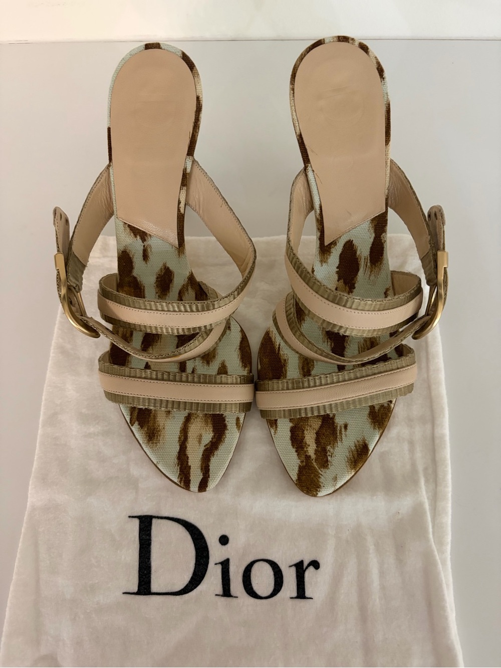 Christian Dior Smooth Beige Canvas footbed, gold side buckle Animal-Print